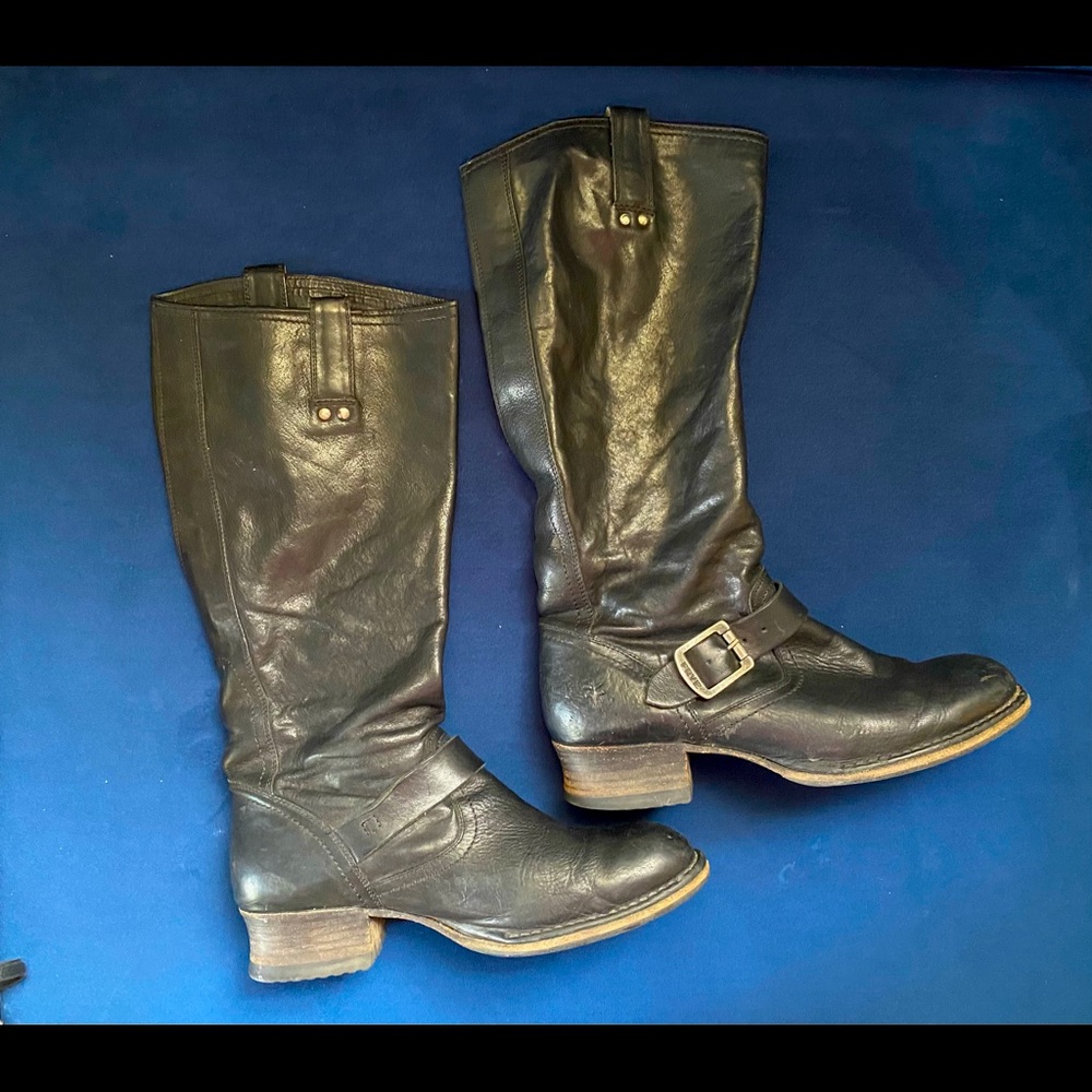 Frye Tall Black Leather Buckle Boots 8.5